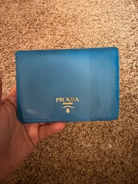 Authentic Prada Blue Saffiano Leather Compact Wallet with Gold Logo